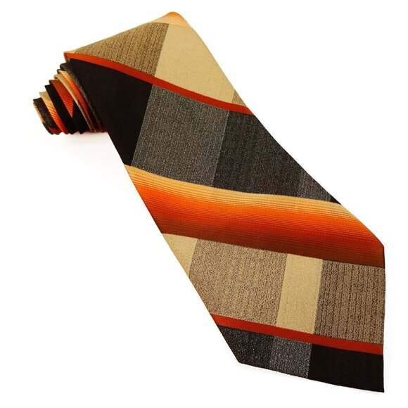 Vintage 1970s Tie Orange Brown Plaid Very Wide Boho Hippie Trevira - Picture 1 of 4